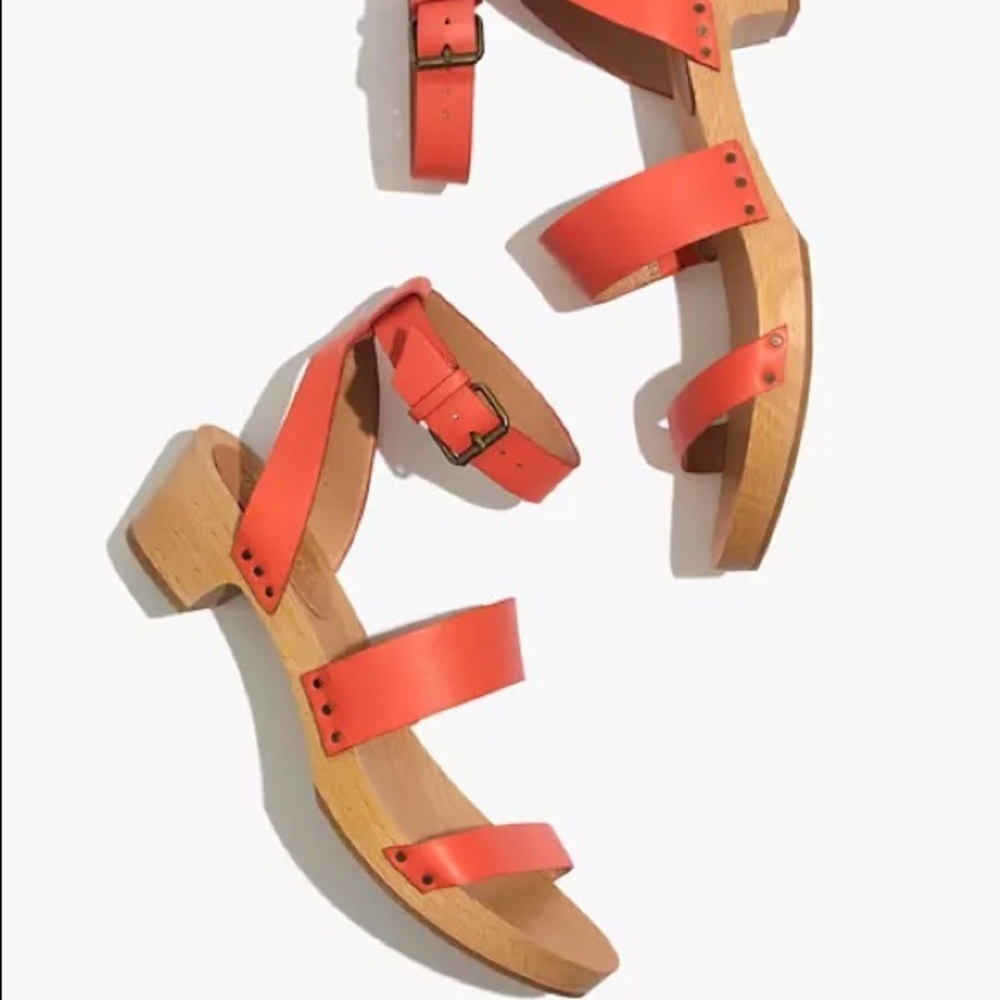 Madewell Jodi orange leather buckle ankle strap wood heel clog sandals size 9